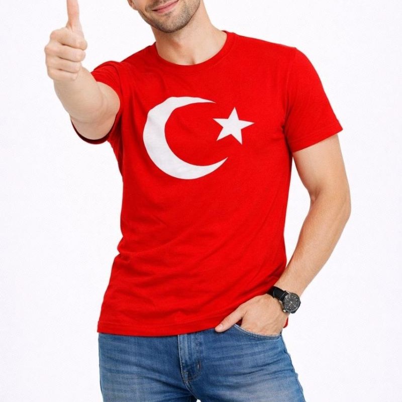 Erkek T-Shirt Kısa Kol Bisiklet Yaka Ay Yıldız Bayrak Baskılı Tişört - Kırmızı Erkek T-Shirt Kısa Kol Bisiklet Yaka Ay Yıldız Bayrak Baskılı Tişört - Kırmızı