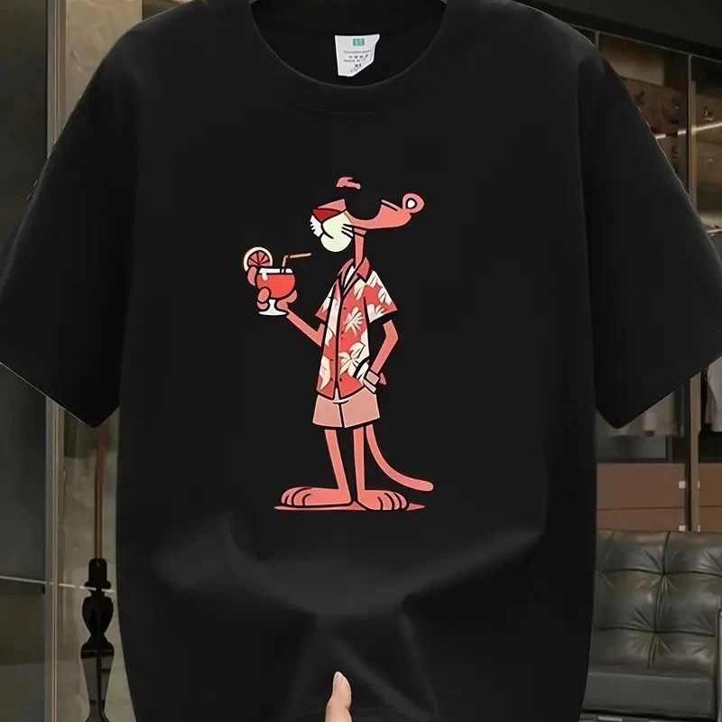 Erkek T-Shirt Pembe Panter Baskılı Kısa Kollu Tişört - Siyah Erkek T-Shirt Pembe Panter Baskılı Kısa Kollu Tişört - Siyah