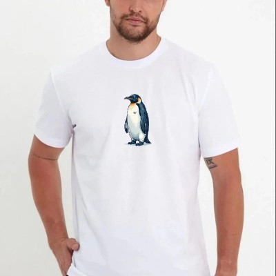 Erkek T-Shirt Penguen Baskılı Bisiklet Yaka Kısa kol yazlık Tişört - Beyaz