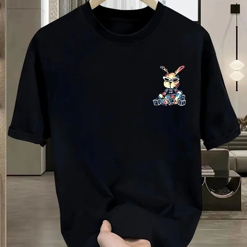 Erkek T-shirt Tavşan Baskılı Kısa Kollu Tişört - Siyah Erkek T-shirt Tavşan Baskılı Kısa Kollu Tişört - Siyah