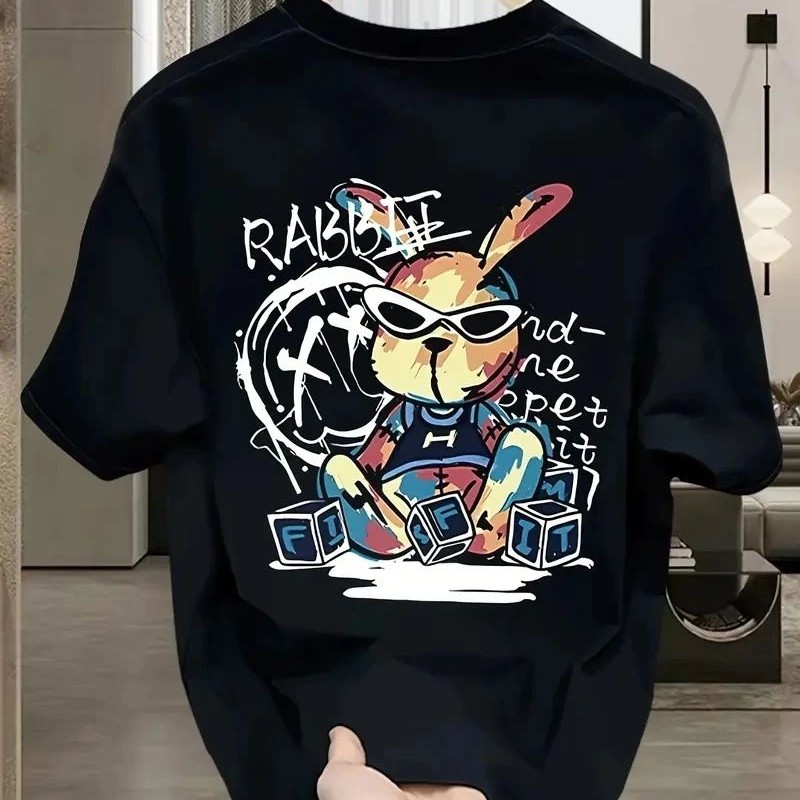 Erkek T-shirt Tavşan Baskılı Kısa Kollu Tişört - Siyah Erkek T-shirt Tavşan Baskılı Kısa Kollu Tişört - Siyah