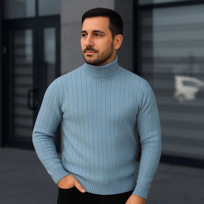 Erkek Tam Boğazlı Balıkçı Yaka Triko Kazak Kalın Fitilli - Bebek Mavisi Erkek Tam Boğazlı Balıkçı Yaka Triko Kazak Kalın Fitilli - Bebek Mavisi