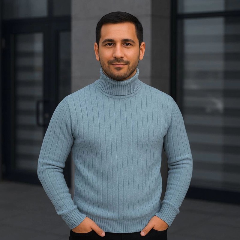 Erkek Tam Boğazlı Balıkçı Yaka Triko Kazak Kalın Fitilli - Bebek Mavisi Erkek Tam Boğazlı Balıkçı Yaka Triko Kazak Kalın Fitilli - Bebek Mavisi