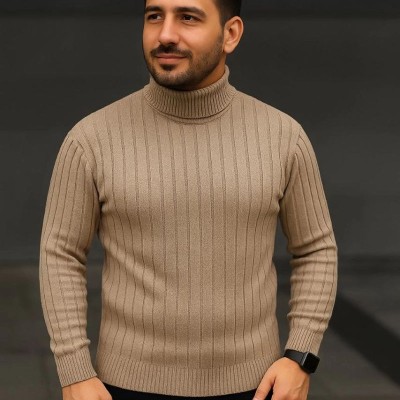 Erkek Tam Boğazlı Balıkçı Yaka Triko Kazak Kalın Fitilli - Bej