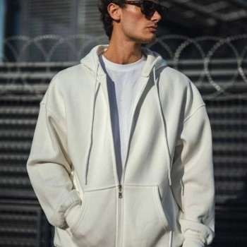 Erkek Tam Fermuarlı Cepli Kapüşonlu 3 iplik pamuklu hoodie Sweatshirt - Beyaz Erkek Tam Fermuarlı Cepli Kapüşonlu 3 iplik pamuklu hoodie Sweatshirt - Beyaz