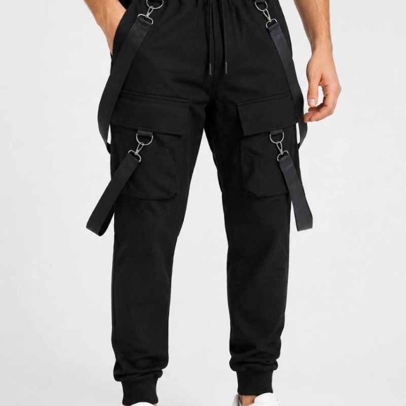 Erkek Techwear Şerit Aksesuarlı Ön Kapak Cep Detaylı Jogger Eşofman Altı - Siyah