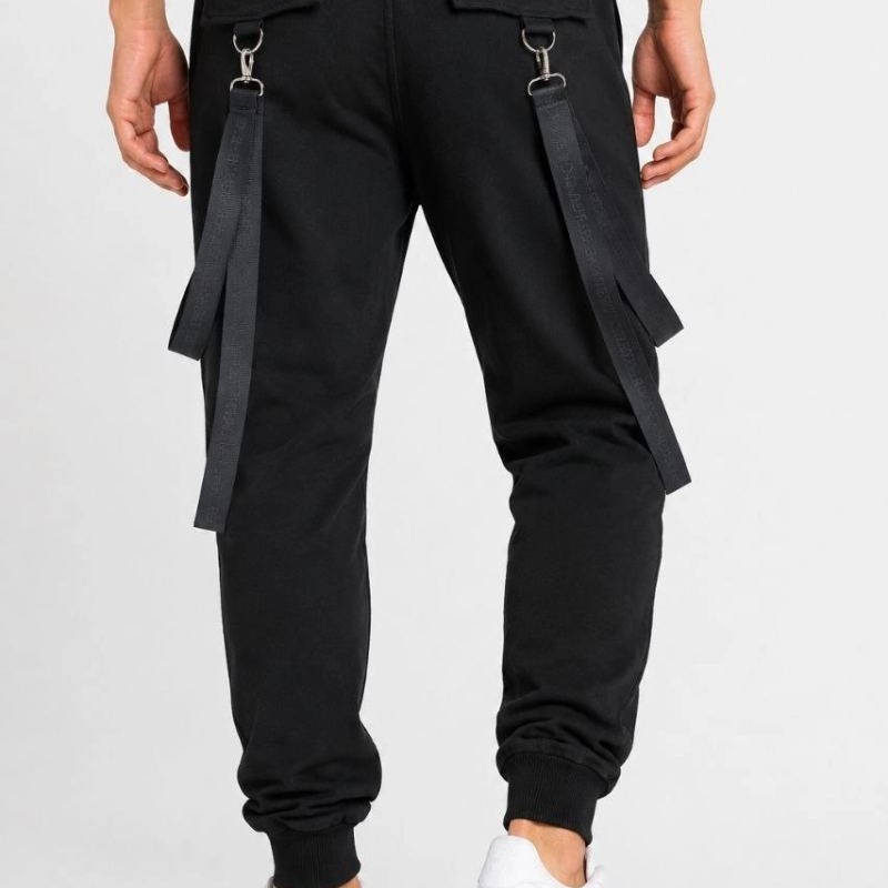 Erkek Techwear Şerit Aksesuarlı Ön Kapak Cep Detaylı Jogger Eşofman Altı - Siyah