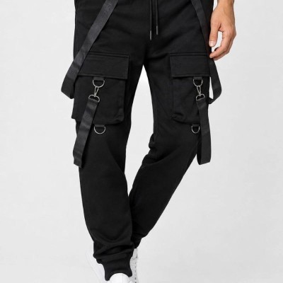 Erkek Techwear Şerit Aksesuarlı Ön Kapak Cep Detaylı Jogger Eşofman Altı - Siyah