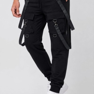 Erkek Techwear Şerit Aksesuarlı Ön Kapak Cep Detaylı Jogger Eşofman Altı - Siyah