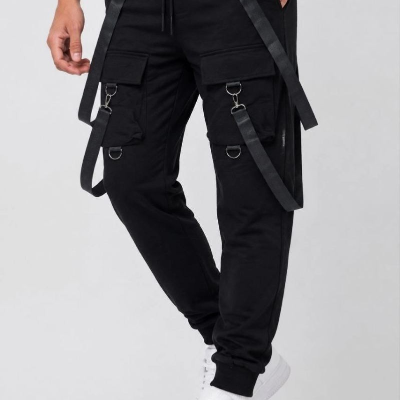 Erkek Techwear Şerit Aksesuarlı Ön Kapak Cep Detaylı Jogger Eşofman Altı - Siyah