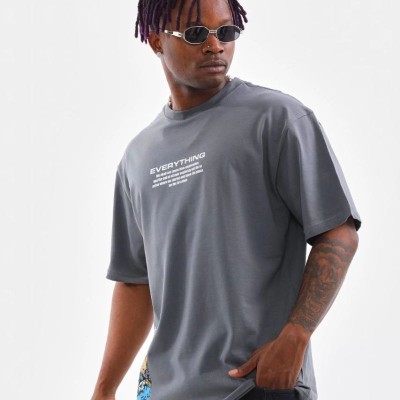 Erkek Tişort Bisiklet Yaka Baskılı Oversize T-Shirt - Gri Erkek Tişort Bisiklet Yaka Baskılı Oversize T-Shirt - Gri