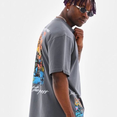 Erkek Tişort Bisiklet Yaka Baskılı Oversize T-Shirt - Gri Erkek Tişort Bisiklet Yaka Baskılı Oversize T-Shirt - Gri