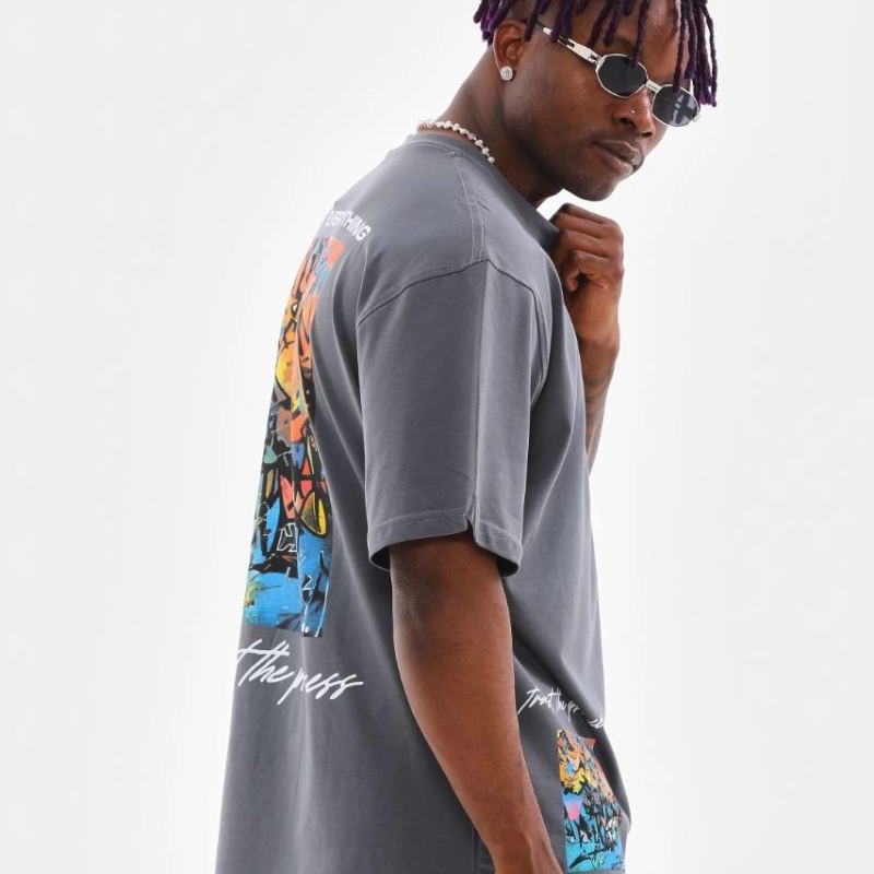 Erkek Tişort Bisiklet Yaka Baskılı Oversize T-Shirt - Gri Erkek Tişort Bisiklet Yaka Baskılı Oversize T-Shirt - Gri