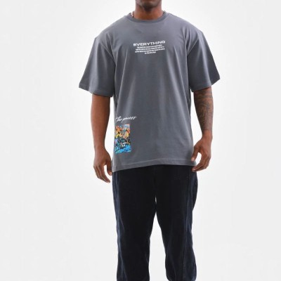 Erkek Tişort Bisiklet Yaka Baskılı Oversize T-Shirt - Gri Erkek Tişort Bisiklet Yaka Baskılı Oversize T-Shirt - Gri