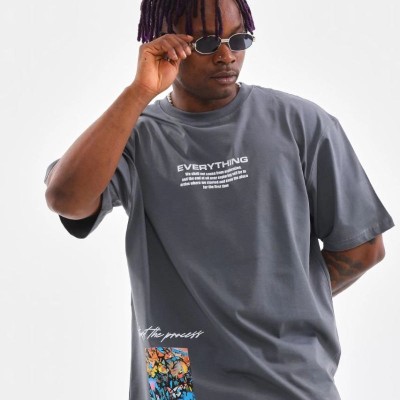 Erkek Tişort Bisiklet Yaka Baskılı Oversize T-Shirt - Gri Erkek Tişort Bisiklet Yaka Baskılı Oversize T-Shirt - Gri