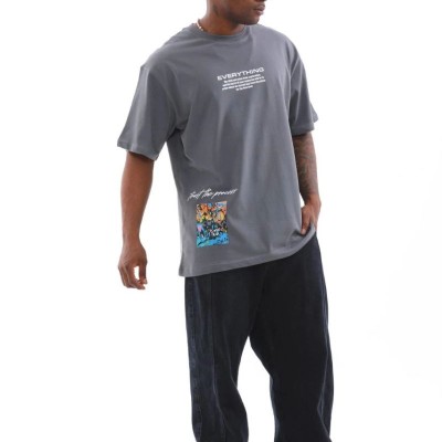 Erkek Tişort Bisiklet Yaka Baskılı Oversize T-Shirt - Gri Erkek Tişort Bisiklet Yaka Baskılı Oversize T-Shirt - Gri