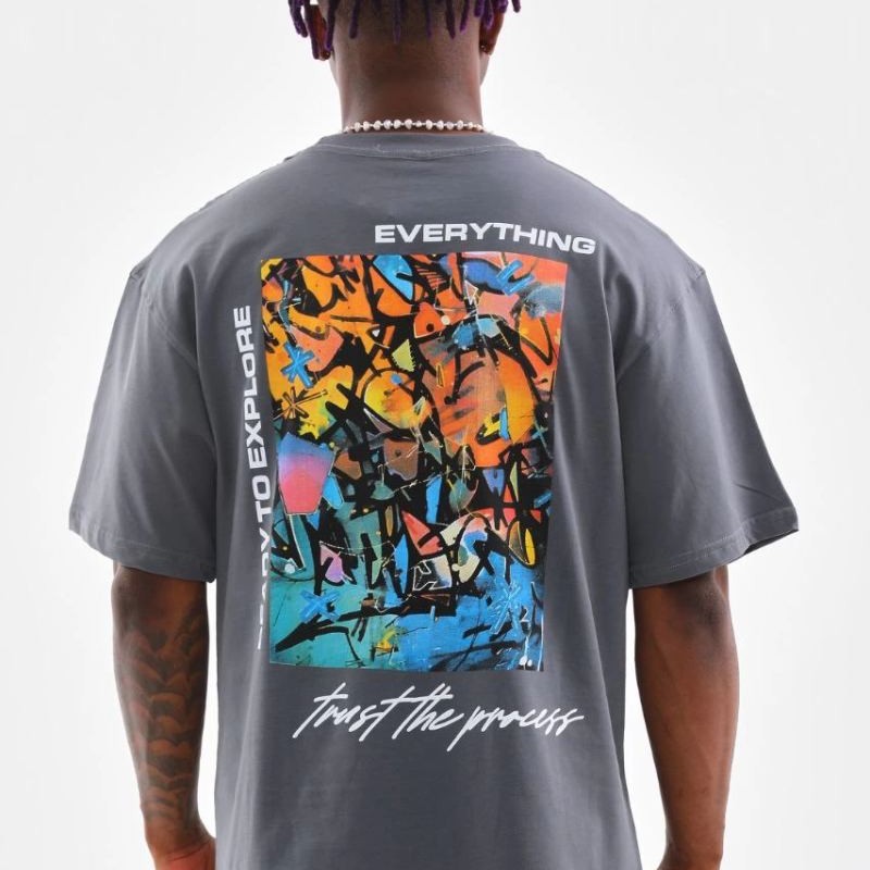 Erkek Tişort Bisiklet Yaka Baskılı Oversize T-Shirt - Gri Erkek Tişort Bisiklet Yaka Baskılı Oversize T-Shirt - Gri