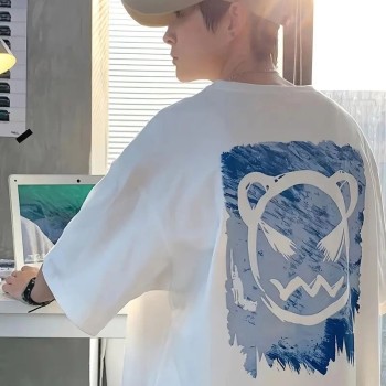 Erkek Tişört Bisiklet Yaka Kore sevimli ayı baskı Kısa Kol T-Shirt - Beyaz Erkek Tişört Bisiklet Yaka Kore sevimli ayı baskı Kısa Kol T-Shirt - Beyaz