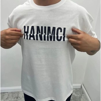Erkek Tişört Kısa Kol Bisiklet Yaka Katlanan HANIMCI Baskılı T-Shirt - Beyaz Erkek Tişört Kısa Kol Bisiklet Yaka Katlanan HANIMCI Baskılı T-Shirt - Beyaz