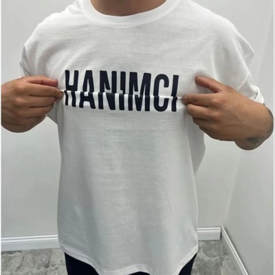 Erkek Tişört Kısa Kol Bisiklet Yaka Katlanan HANIMCI Baskılı T-Shirt - Beyaz Erkek Tişört Kısa Kol Bisiklet Yaka Katlanan HANIMCI Baskılı T-Shirt - Beyaz