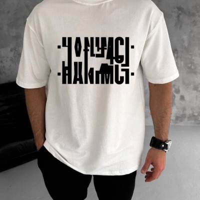Erkek Tişört Kısa Kol Bisiklet Yaka Katlanan HANIMCI Baskılı T-Shirt - Beyaz Erkek Tişört Kısa Kol Bisiklet Yaka Katlanan HANIMCI Baskılı T-Shirt - Beyaz
