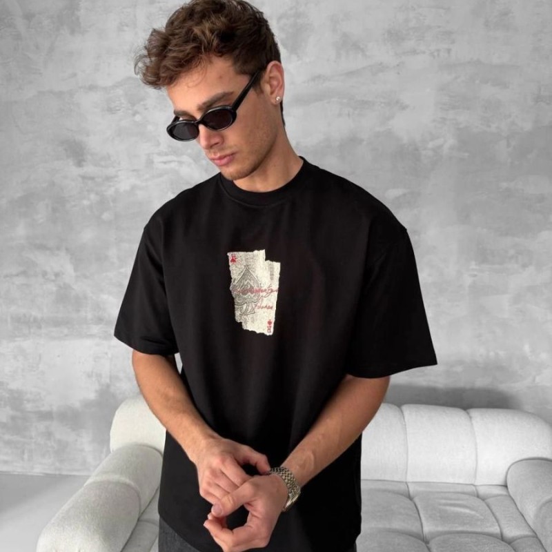ERKEK Tişört Kısa Kol Ön ve Arka Baskılı Oversize Bisiklet Yaka T-shirt - Siyah ERKEK Tişört Kısa Kol Ön ve Arka Baskılı Oversize Bisiklet Yaka T-shirt - Siyah