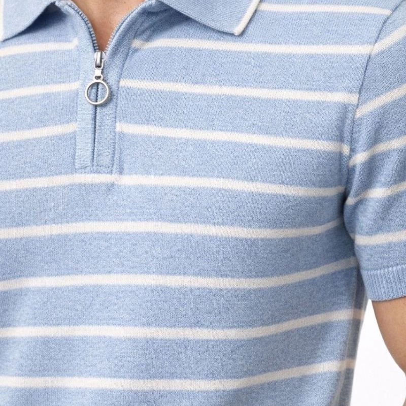 Erkek Triko Polo Yaka Fermuarlı Çizgili Tişört T-Shirt Yazlık Şık - Bebek Mavisi Erkek Triko Polo Yaka Fermuarlı Çizgili Tişört T-Shirt Yazlık Şık - Bebek Mavisi