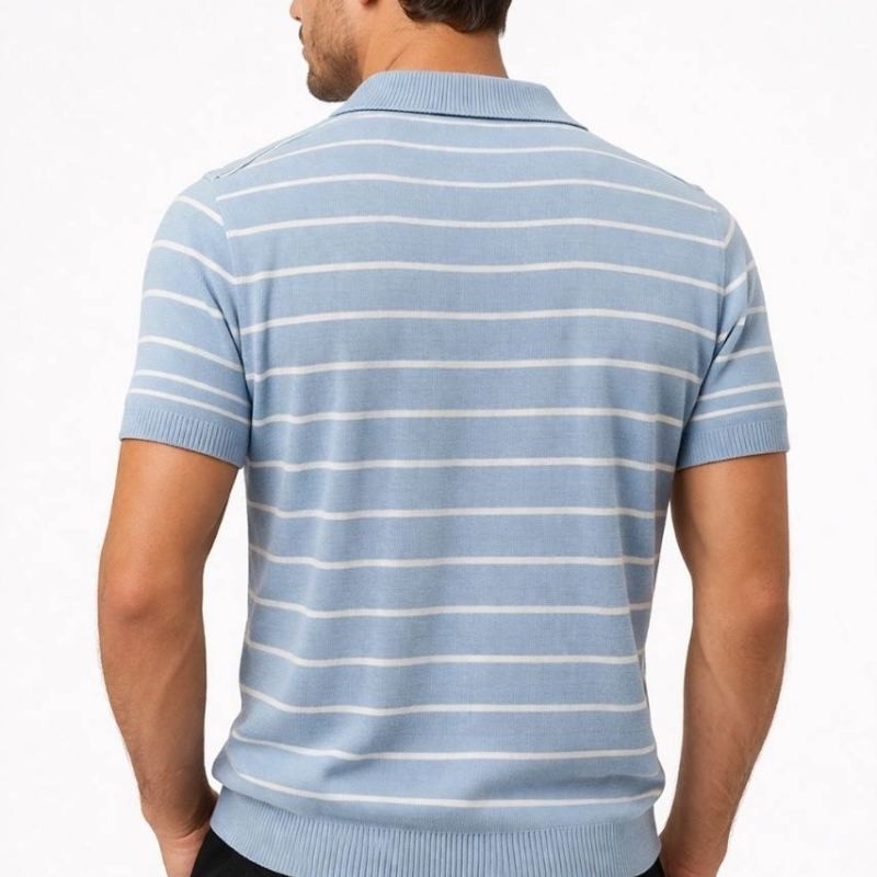 Erkek Triko Polo Yaka Fermuarlı Çizgili Tişört T-Shirt Yazlık Şık - Bebek Mavisi Erkek Triko Polo Yaka Fermuarlı Çizgili Tişört T-Shirt Yazlık Şık - Bebek Mavisi