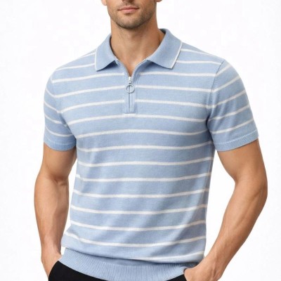 Erkek Triko Polo Yaka Fermuarlı Çizgili Tişört T-Shirt Yazlık Şık - Bebek Mavisi Erkek Triko Polo Yaka Fermuarlı Çizgili Tişört T-Shirt Yazlık Şık - Bebek Mavisi