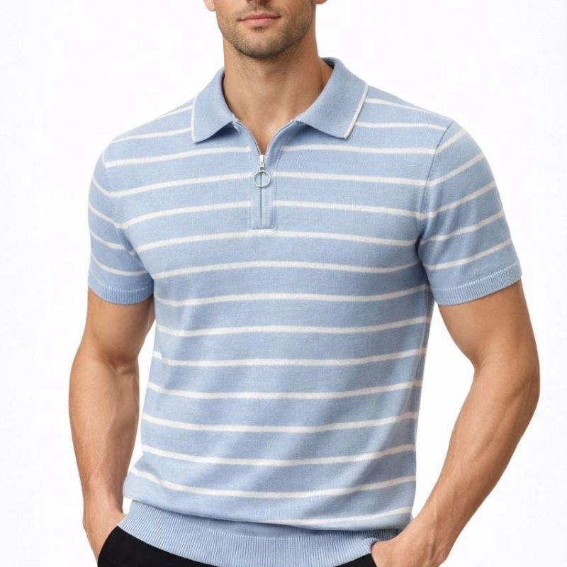 Erkek Triko Polo Yaka Fermuarlı Çizgili Tişört T-Shirt Yazlık Şık - Bebek Mavisi Erkek Triko Polo Yaka Fermuarlı Çizgili Tişört T-Shirt Yazlık Şık - Bebek Mavisi