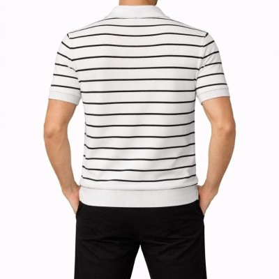Erkek Triko Polo Yaka Fermuarlı Çizgili Tişört T-Shirt Yazlık Şık - Beyaz