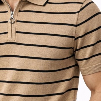 Erkek Triko Polo Yaka Fermuarlı Çizgili Tişört T-Shirt Yazlık Şık - Kahverengi