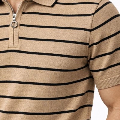 Erkek Triko Polo Yaka Fermuarlı Çizgili Tişört T-Shirt Yazlık Şık - Kahverengi Erkek Triko Polo Yaka Fermuarlı Çizgili Tişört T-Shirt Yazlık Şık - Kahverengi
