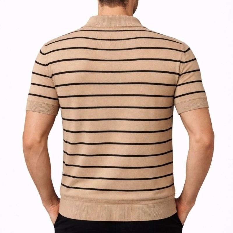 Erkek Triko Polo Yaka Fermuarlı Çizgili Tişört T-Shirt Yazlık Şık - Kahverengi Erkek Triko Polo Yaka Fermuarlı Çizgili Tişört T-Shirt Yazlık Şık - Kahverengi