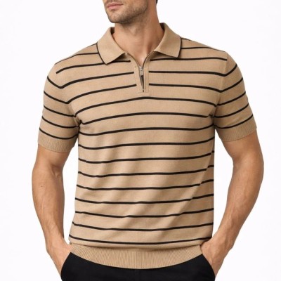 Erkek Triko Polo Yaka Fermuarlı Çizgili Tişört T-Shirt Yazlık Şık - Kahverengi Erkek Triko Polo Yaka Fermuarlı Çizgili Tişört T-Shirt Yazlık Şık - Kahverengi