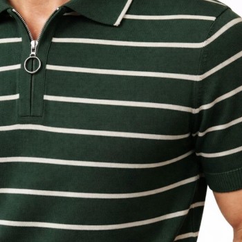 Erkek Triko Polo Yaka Fermuarlı Çizgili Tişört T-Shirt Yazlık Şık - Yeşil Erkek Triko Polo Yaka Fermuarlı Çizgili Tişört T-Shirt Yazlık Şık - Yeşil