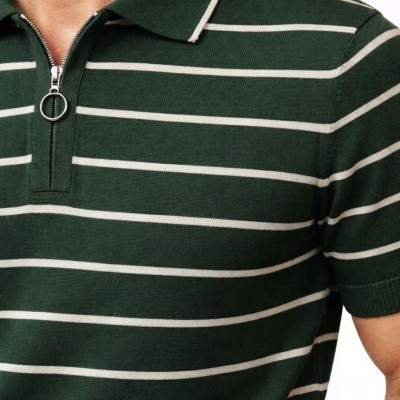 Erkek Triko Polo Yaka Fermuarlı Çizgili Tişört T-Shirt Yazlık Şık - Yeşil