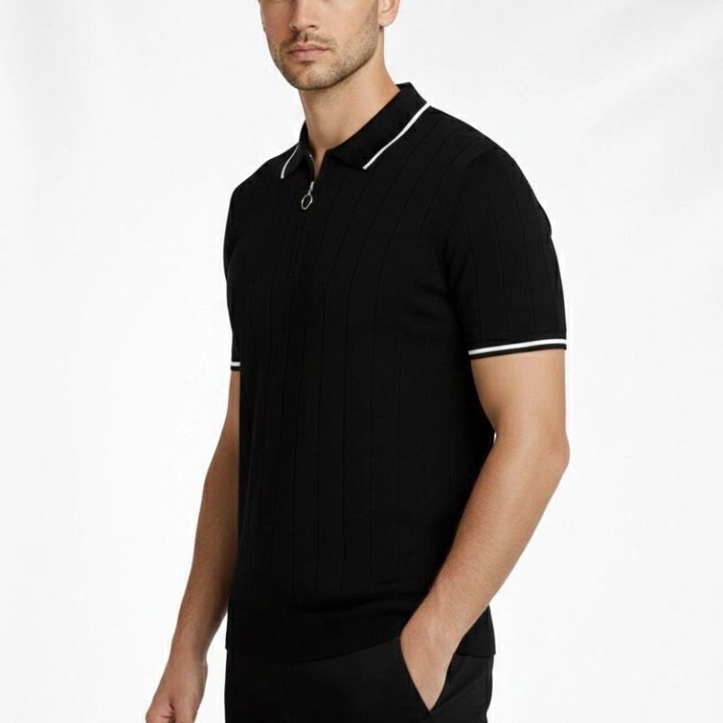 Erkek Triko Tişört Fermuarlı Polo Yaka Kısa Kol T-Shirt 3’lü Set Bej-Beyaz-Siyah