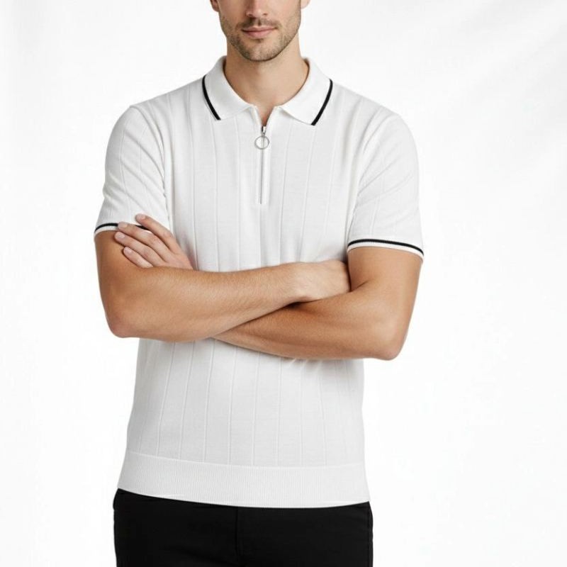 Erkek Triko Tişört Fermuarlı Polo Yaka Kısa Kol T-Shirt 3’lü Set Kahve-Siyah-Beyaz