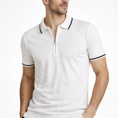 Erkek Triko Tişört Fermuarlı Polo Yaka Kısa Kol T-Shirt 3’lü Set Kahve-Siyah-Beyaz