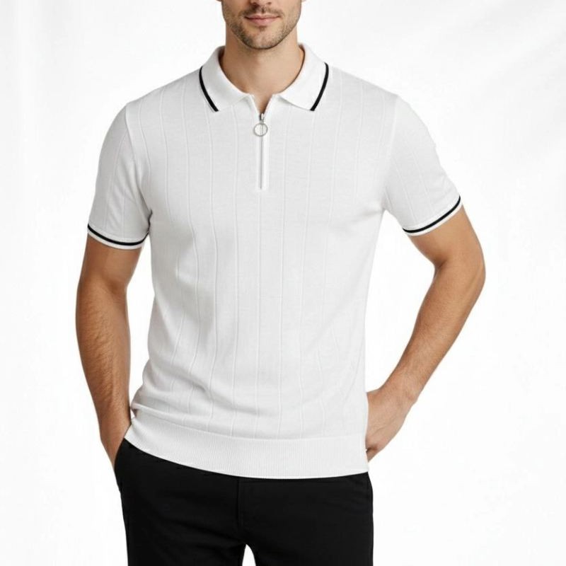 Erkek Triko Tişört Fermuarlı Polo Yaka Yazlık Kısa Kol T-Shirt 2’li Set Beyaz-Siyah Erkek Triko Tişört Fermuarlı Polo Yaka Yazlık Kısa Kol T-Shirt 2’li Set Beyaz-Siyah