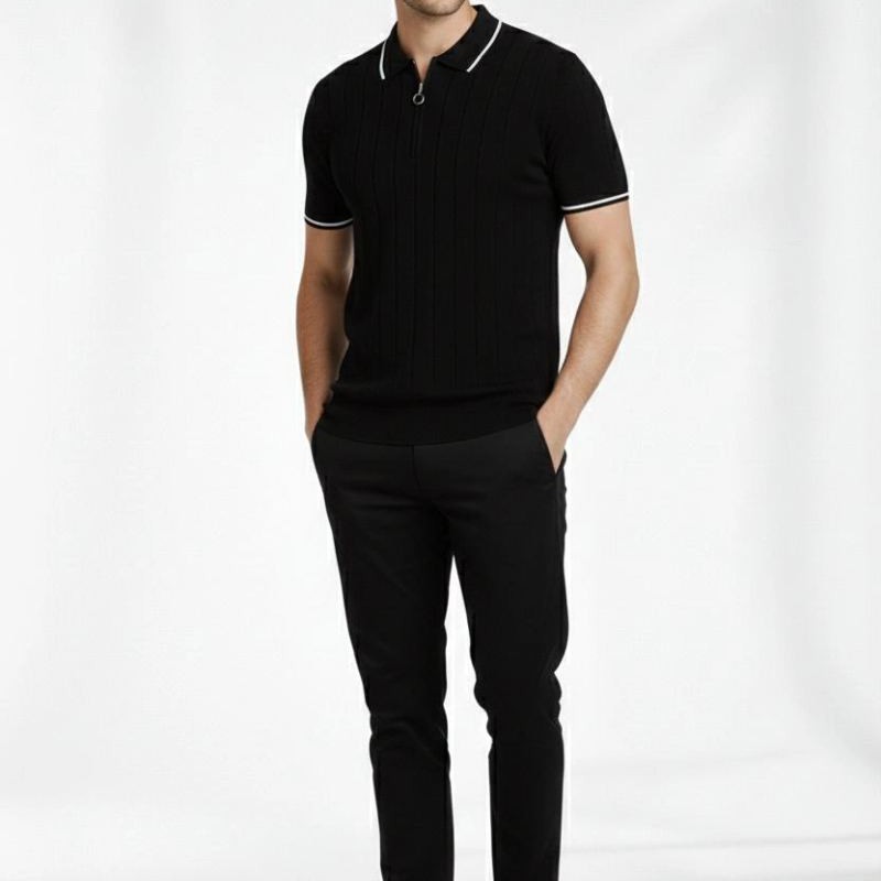 Erkek Triko Tişört Fermuarlı Polo Yaka Yazlık Kısa Kol T-Shirt 2’li Set Beyaz-Siyah Erkek Triko Tişört Fermuarlı Polo Yaka Yazlık Kısa Kol T-Shirt 2’li Set Beyaz-Siyah