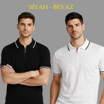 Erkek Triko Tişört Fermuarlı Polo Yaka Yazlık Kısa Kol T-Shirt 2’li Set Beyaz-Siyah Erkek Triko Tişört Fermuarlı Polo Yaka Yazlık Kısa Kol T-Shirt 2’li Set Beyaz-Siyah