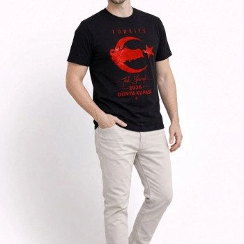 Erkek TÜRKİYE Ay Yıldız Baskılı Taraftar Forma T-Shirt - Siyah Erkek TÜRKİYE Ay Yıldız Baskılı Taraftar Forma T-Shirt - Siyah