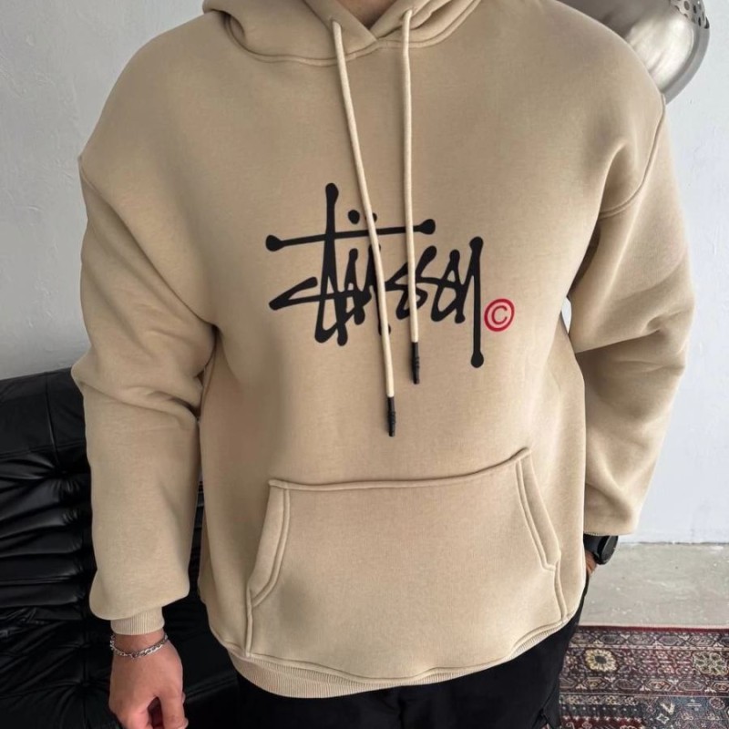 Erkek Üç İplik Kapşonlu Baskılı SweatShirt - Bej Erkek Üç İplik Kapşonlu Baskılı SweatShirt - Bej