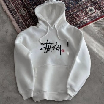 Erkek Üç İplik Kapşonlu Baskılı SweatShirt - Beyaz