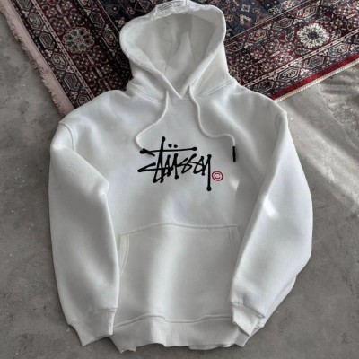 Erkek Üç İplik Kapşonlu Baskılı SweatShirt - Beyaz