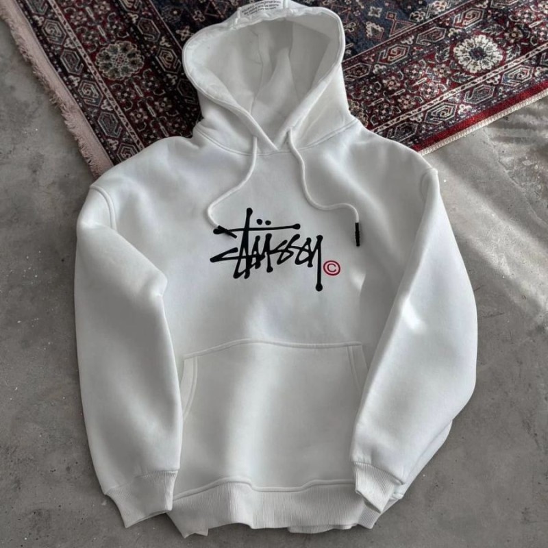 Erkek Üç İplik Kapşonlu Baskılı SweatShirt - Beyaz