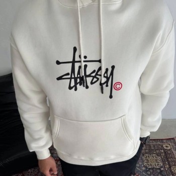Erkek Üç İplik Kapşonlu Baskılı SweatShirt - Beyaz