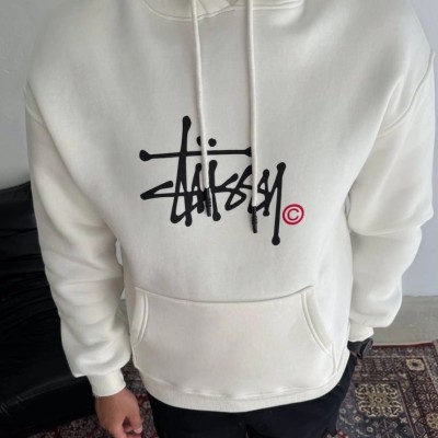 Erkek Üç İplik Kapşonlu Baskılı SweatShirt - Beyaz